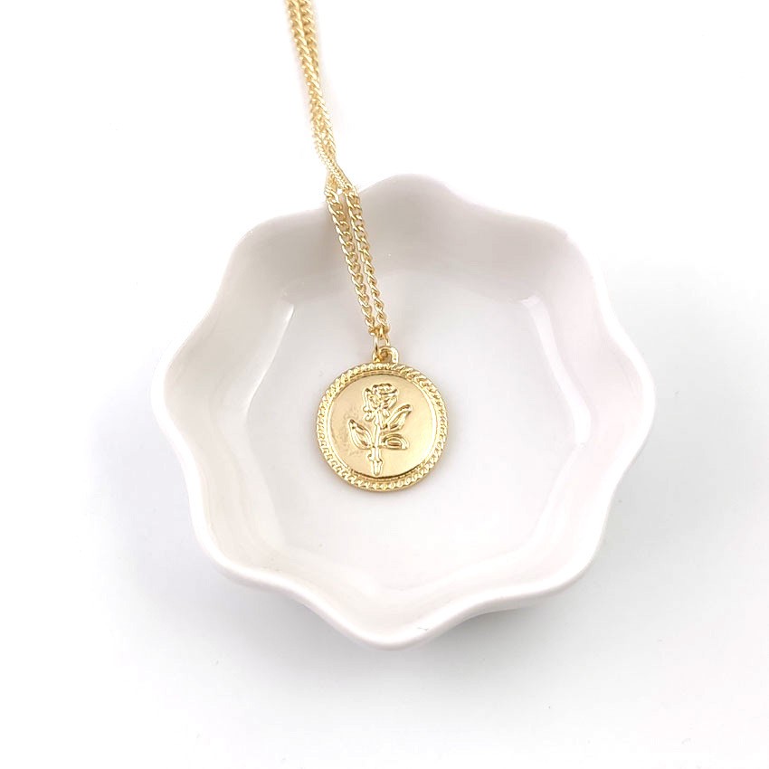 Kalung Rose Flower Necklace Single Layer Coin Round Rose Pattern Kalung