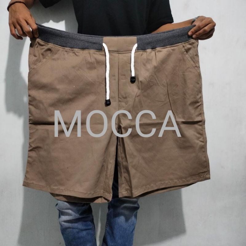 CELANA PENDEK CHINO RIP/PINGGANG KARET SIZE 40 52 MOCCA HITAM CREAM MOCCA