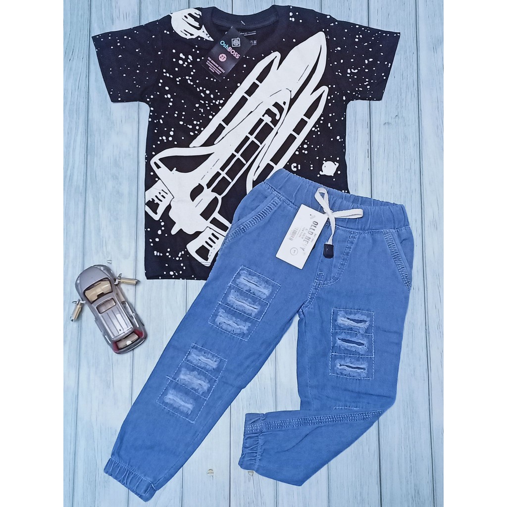 COD BAJU STELAN ANAK LAKI LAKI KAOS ABADI DAN CELANA JEAN RIPPED USIA 1-10 TAHUN OSHBOSS BAGIAN 2-ROCKET HITAM