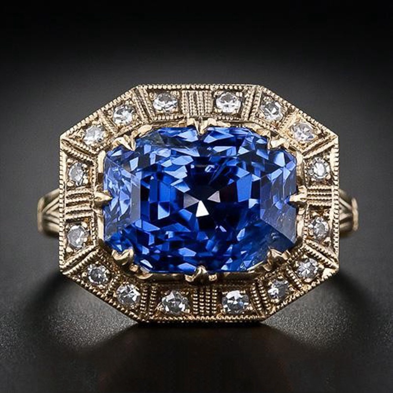 Cincin Emas 18K Hias Batu Permata Sapphire Biru Untuk Wanita