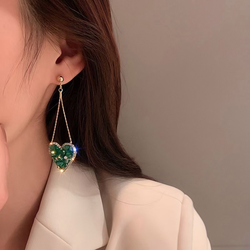 Anting Tusuk Gantung Bahan Sterling Silver 925 Desain Hati Hijau Gaya Koreavintageunik Untuk Wanita