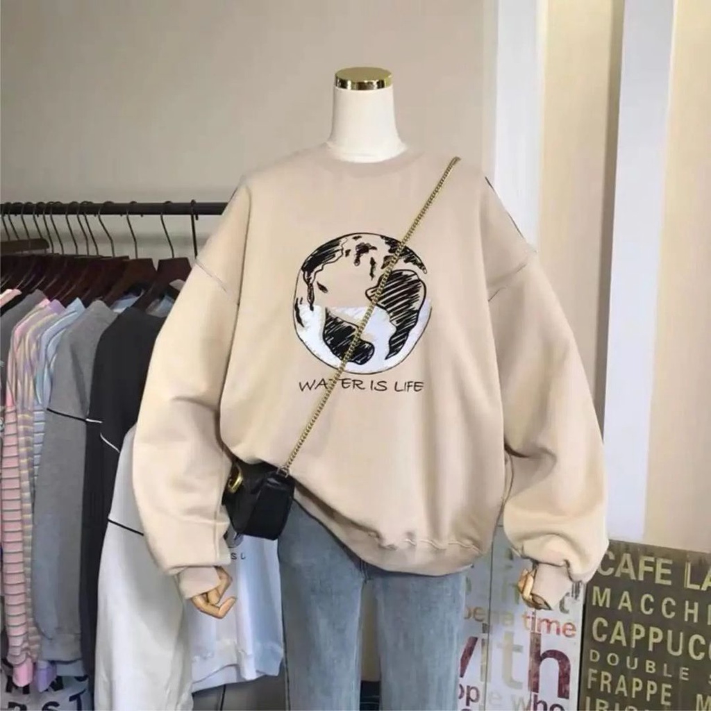 SWEATER WANITA WATER IS LIFE /// CREWNECK CASUAL PREMIUM ALA KOREA /// ATASAN WANITA FLEECE TEBAL LEMBUT KEKINIAN TERBARU''