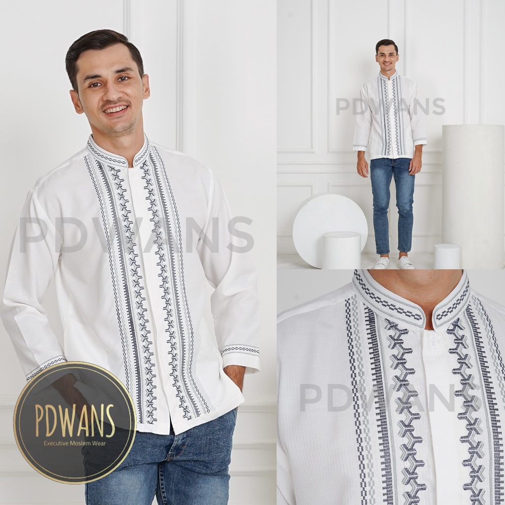 Baju Koko Lengan Panjang Putih Tulang Kemeja Koko Muslim Bordir M L XL PDWANS - SEPJG15