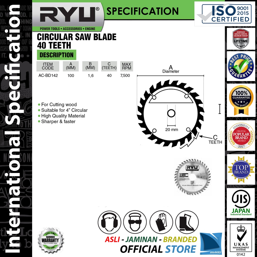 Mata Pisau Sirkuler 4&quot; inch 40T Mesin Gergaji Kayu Gurinda Tangan - Circular Saw Blade RYU