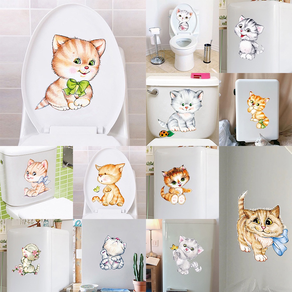 Stiker Dinding Desain Kucing Dapat Dilepas Dengan Perekat Tahan Air Untuk Dekorasi Toilet Kulkas Kamar Mandi