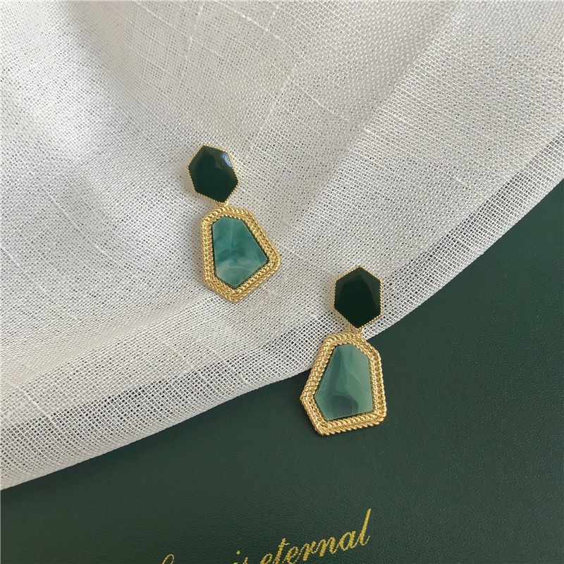 Anting Tusuk Gantung Bahan Sterling Silver 925 Desain Poligonal Warna Hijau Untuk Wanita