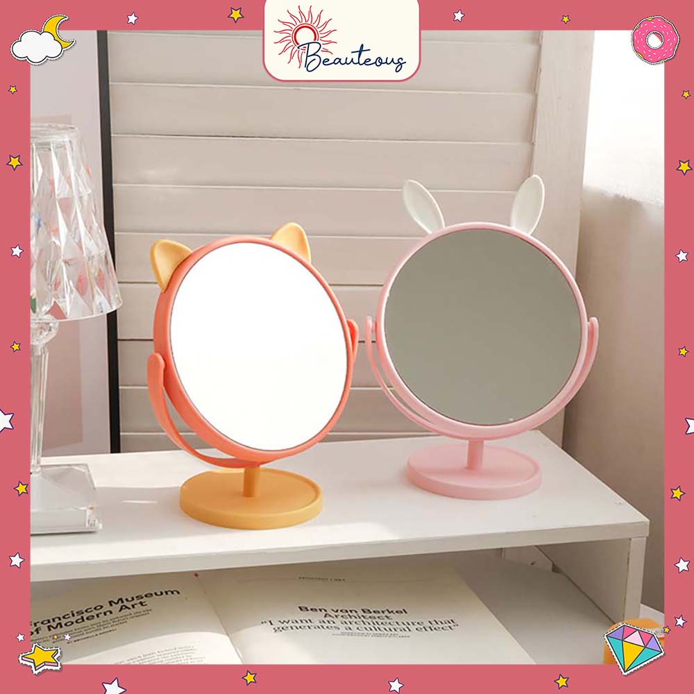 Cermin Kaca Meja Rias Bulat Motif Telinga Kucing Kelinci Cermin Meja Make Up