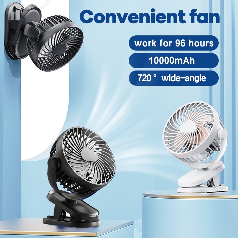 Portable Fan 10000mAh Mini Fan Kipas Handheld Clip Base Fan 3 Speed Strong Wind Desk Fan