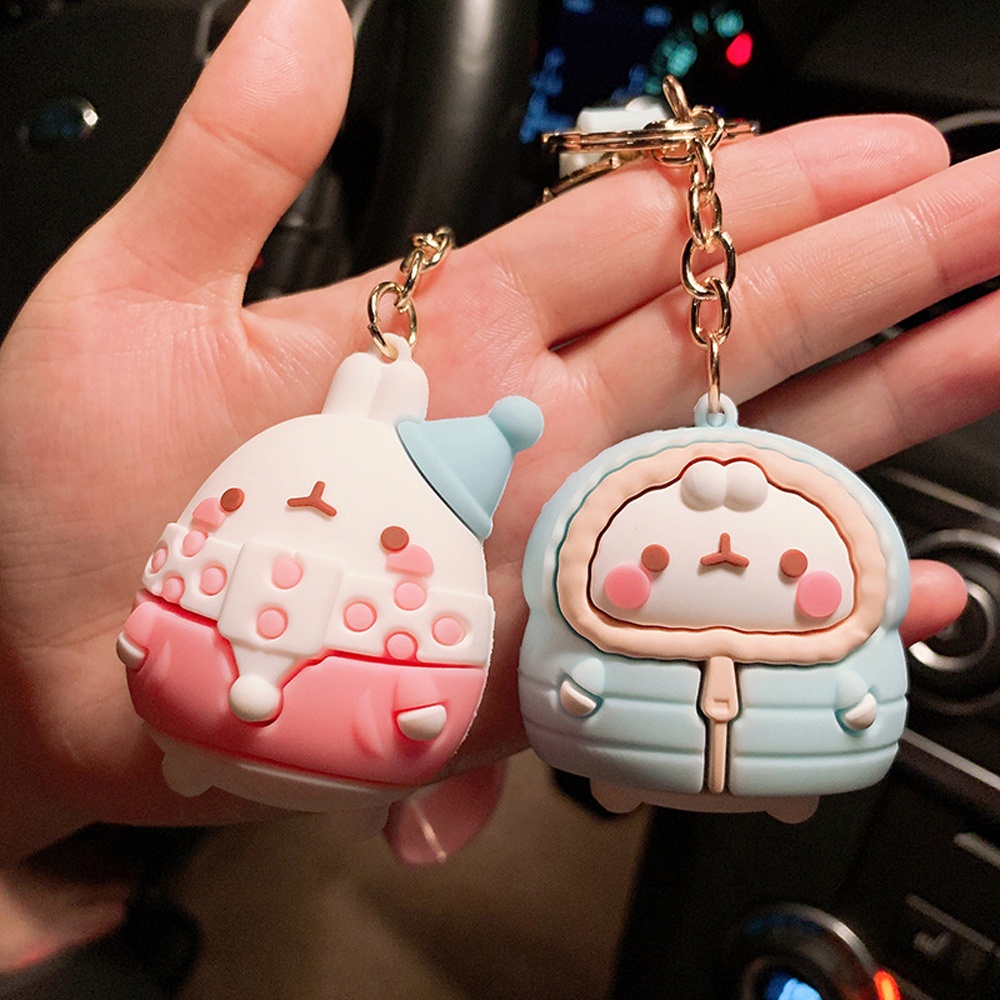 Needway  Fashion Jewelry PVC Key Ring Rubber Bag Molang Rabbit Keychains Women Lovers New Cute Car Charm Cartoon Pendant/Multicolor