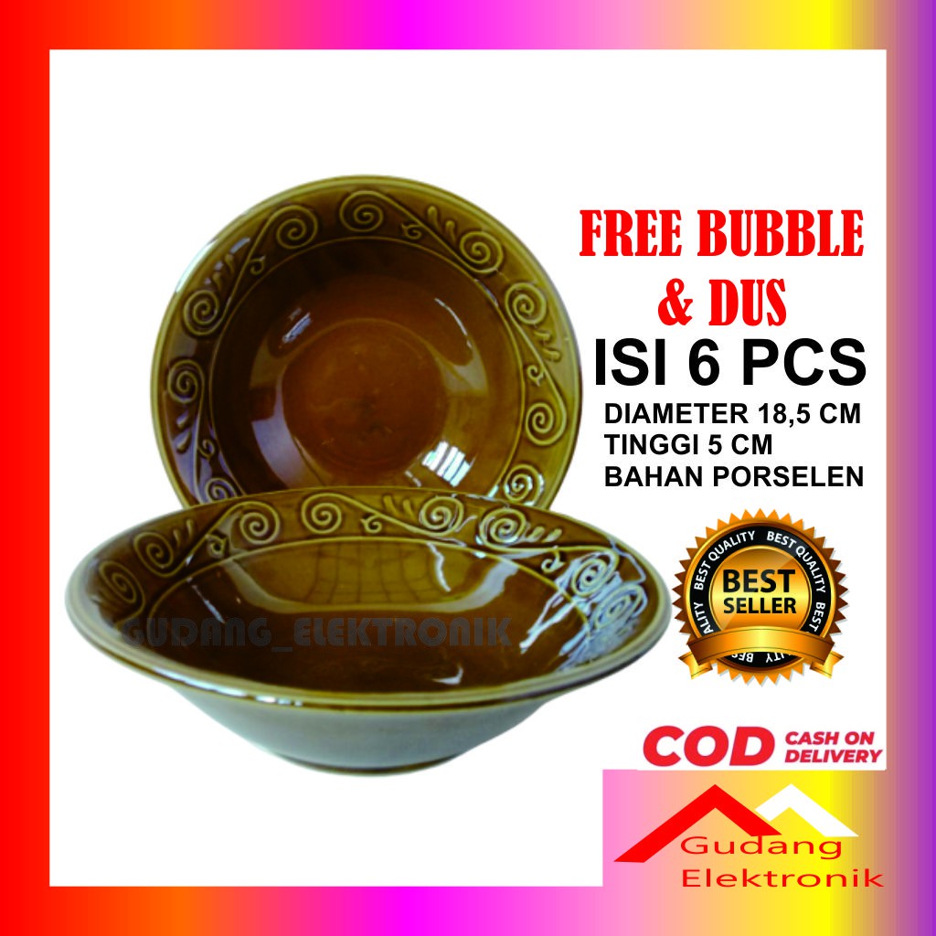 Mangkok Sup Keramik Porselen Isi 6 Pcs Cantik 7 Inch List Coklat Murah - EM7-1/E01SLI