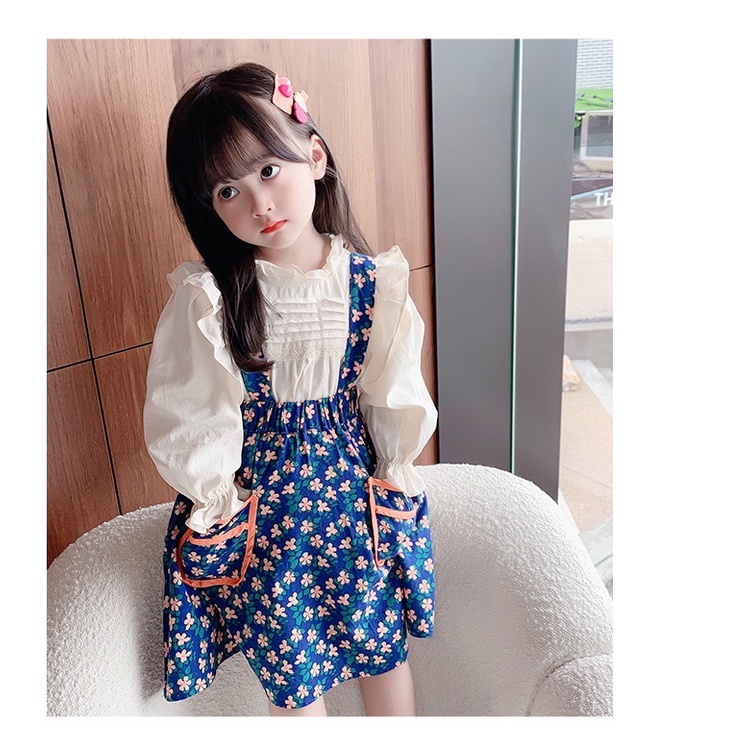 Dress import Anak Perempuan Gaun Pesta Korean Style Set 2in1 Motif Biru Bunga Pouch