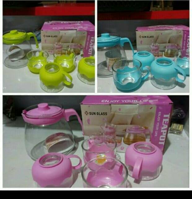 TEA POT KACA , teko set plus cangkir bahan kaca