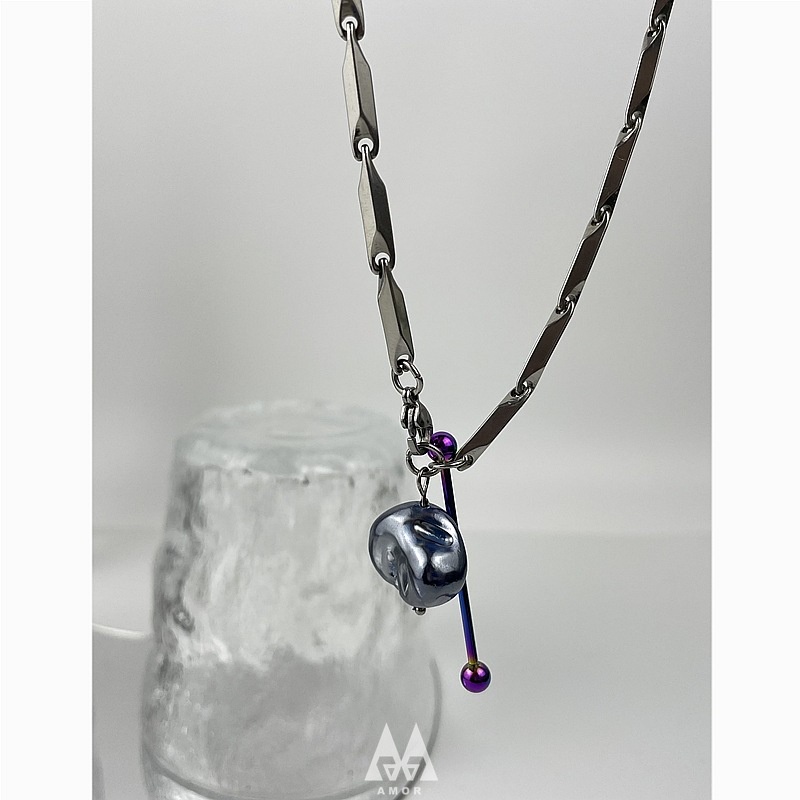 Kalung Liontin Mutiara Biru Bahan stainless steel Gaya hip-hop