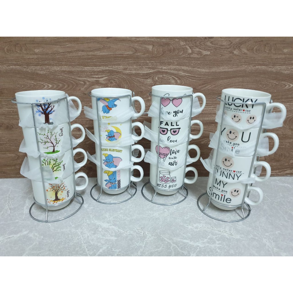 BABEE MUG KERAMIK SET 4 SUSUN SIZE M / CANGKIR GELAS 4 SUSUN BANYAK MOTIF / MUG TEH KOPI / KADO UNIK