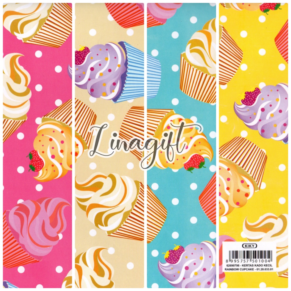 ( 5 Lembar ) CUPCAKE KIKY - KERTAS KADO - GIFT WRAPPING PAPER CUTE CAKE / MACAROONS / ICE CREAMS / FOOD MOTIF