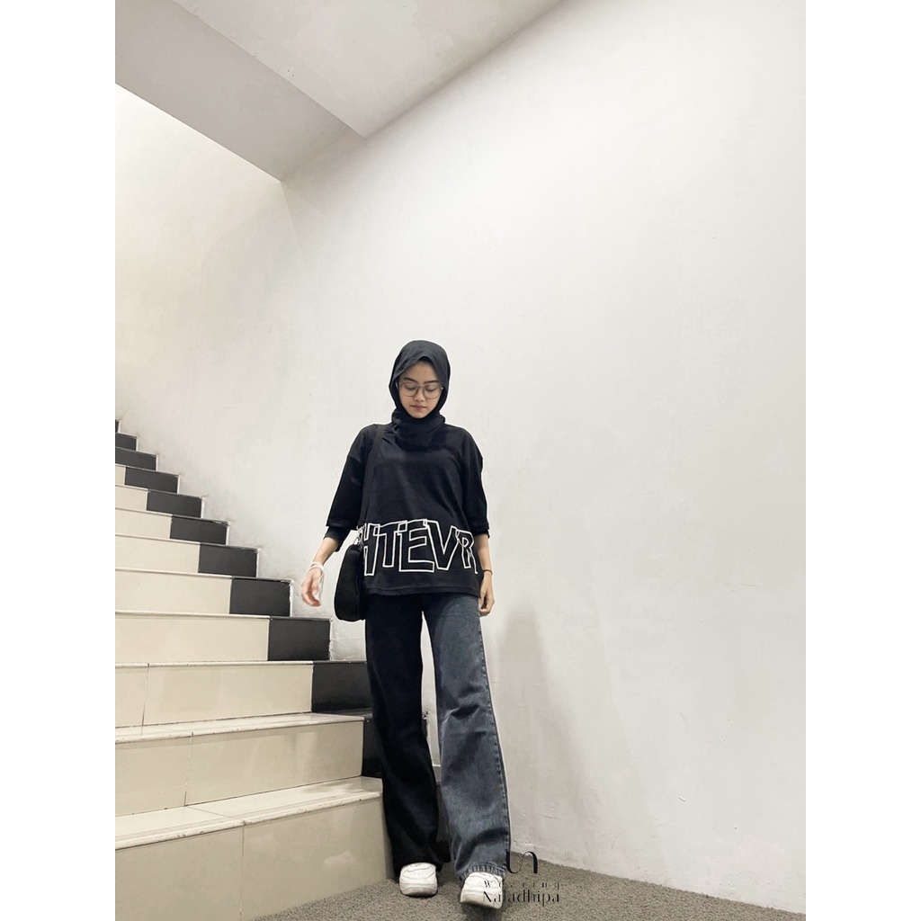 Nara Pants Two Tone Hitam - Celana Kulot Jeans Highwaist Wanita Loose