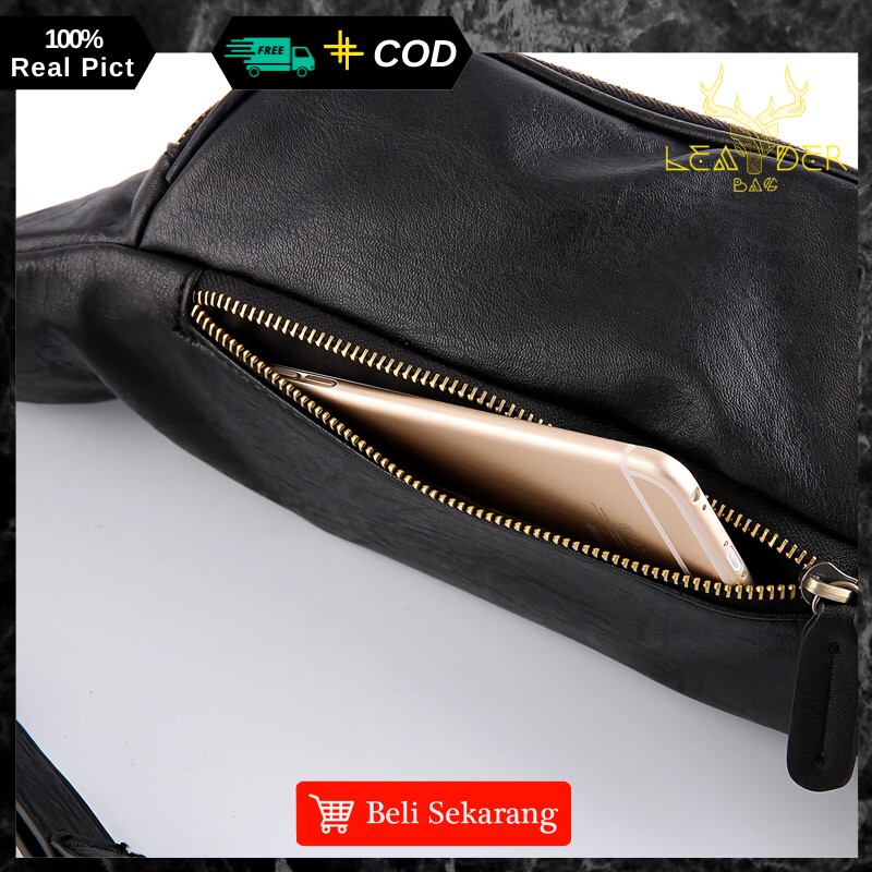 Waistbag Kulit Pria Original Terbaru 2021 Warna Hitam | Tas Selempang Kulit Bahu Remaja Distro Impor