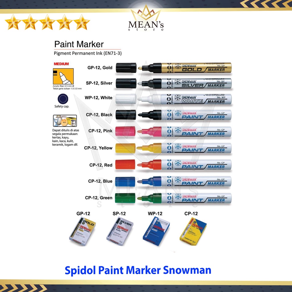 

Spidol Piant Marker Snowman Warna / Permanent Putih Emas Silver