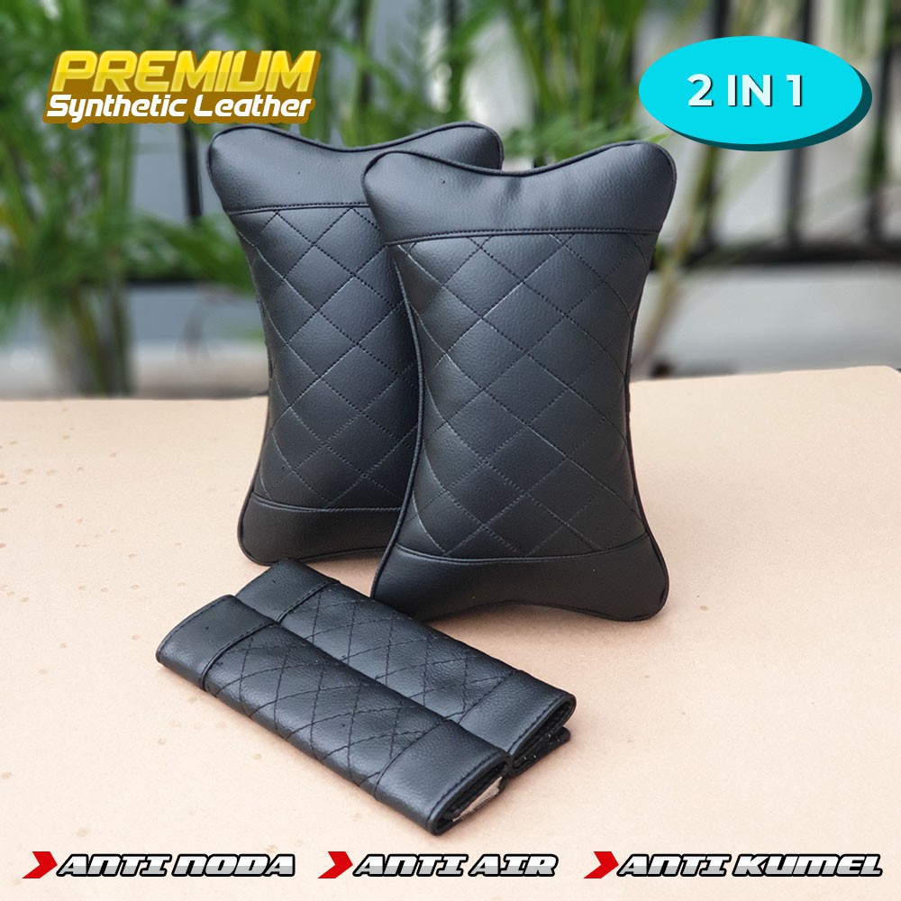Set Bantal Mobil Kulit Sintetis Bonus Cover Seat Belt