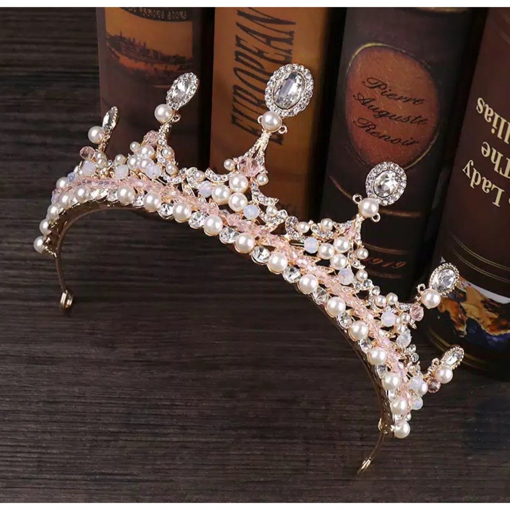 Korea Crown - Mahkota Tiara Princess Korea Kristal Pink Untuk Aksesoris Rambut Pengantin Bridesmaid