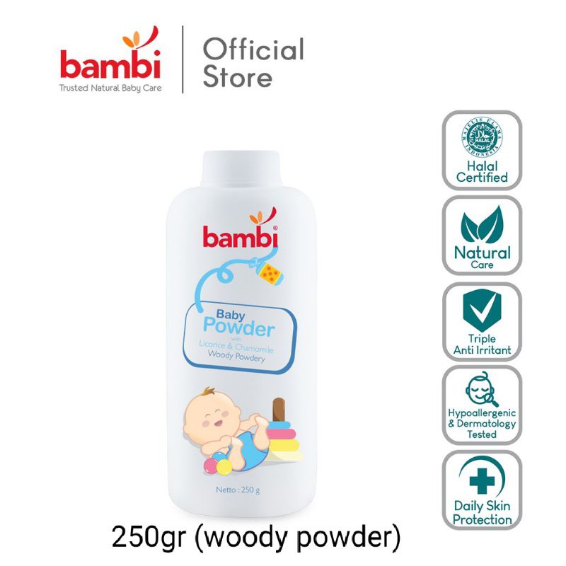 Bambi Baby Powder 100gr 250gr, Milky Prickly Woody, Bedak bayi harum