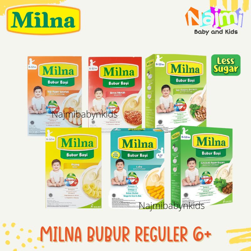 Milna Bubur Bayi 6+ Bulan Reguler 120 gr | MPASI Baby 120gr | Rasa Beras Merah Pisang Sup Ayam Wortel Tim Hati Bayam Labu Madu Daging Brokoli