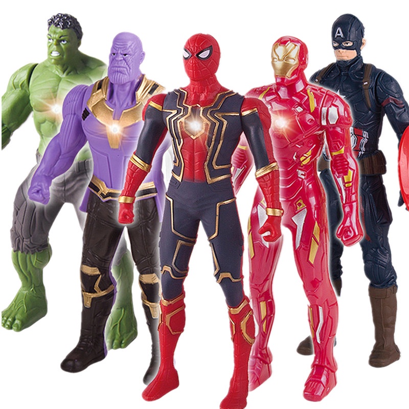 Mainan Action Figure Avengers Super Hero Ironman Spiderman Hulk Bahan PVC Dengan Lampu LED Untuk Hadiah Anak
