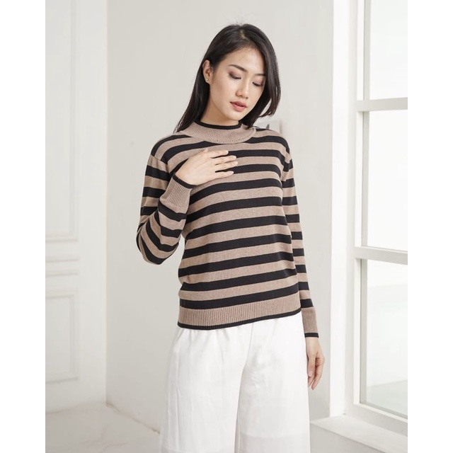 Sweater Stripes Cotton Knit Top Long Sleeve- Sweater Rajut Lengan Panjang- Atasan Rajut Wanita (304)