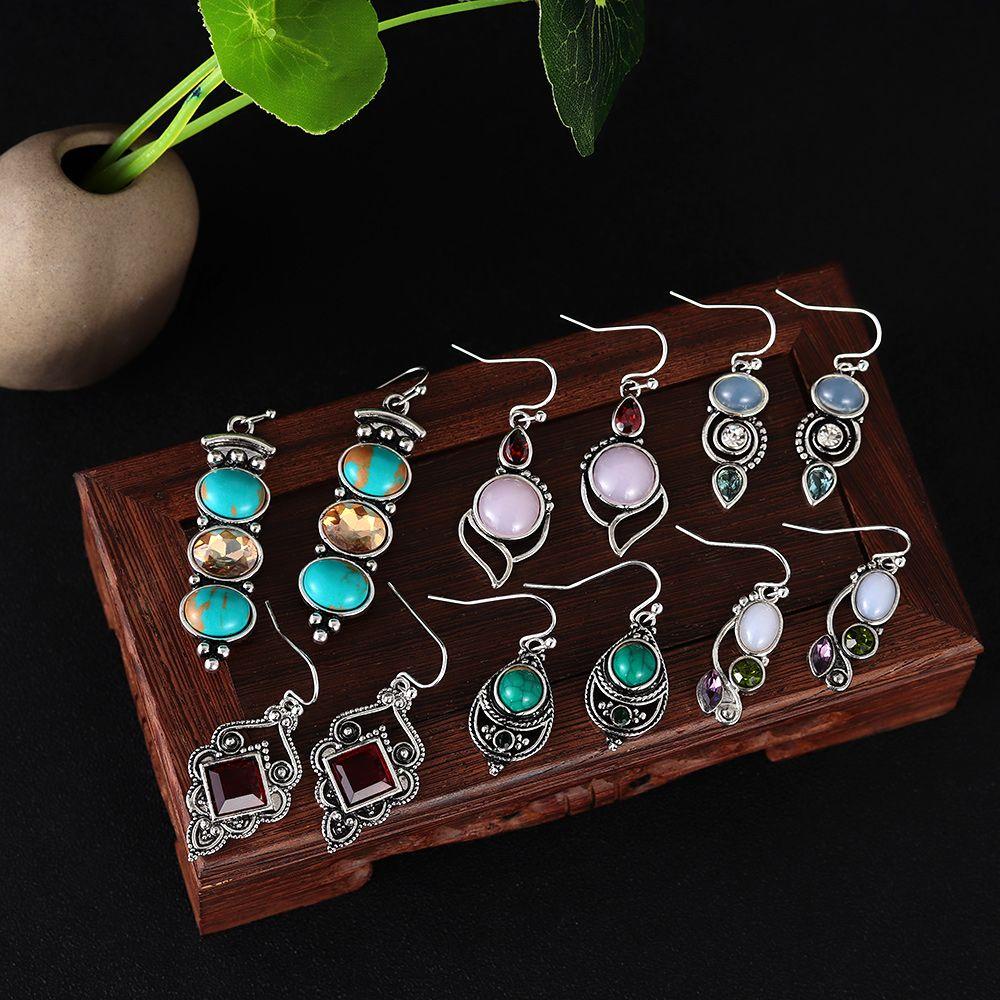 Suyo 1pasang Moonstone Anting Pesona Hadiah Vintage Perhiasan Menjuntai Pertunangan Pernikahan Turquoise