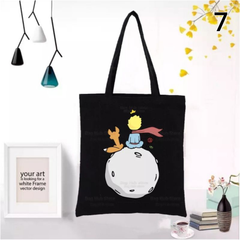 Tas totebag termurah Tas Belanja Kanvas Wanita Kartun Pangeran Kecil dengan Pegangan Lucu Tas Tote Dapat Dipakai Ulang Ramah Lingkungan Tas Belanja Ponsel Kunci Buku