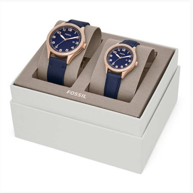 Fossil Navy Leather Watch Original Set For Couple