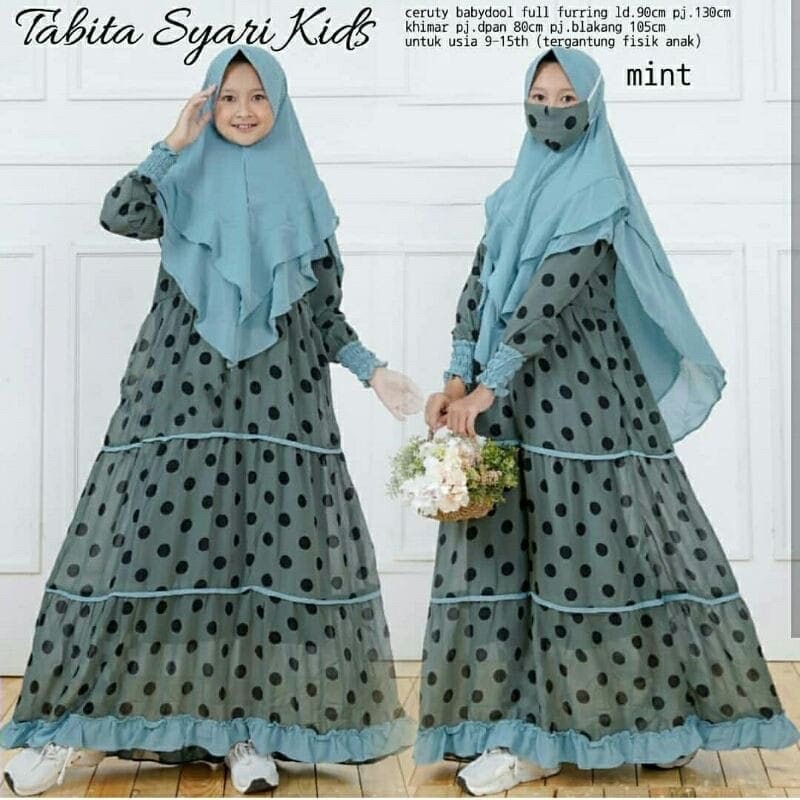 Gamis Anak Murah Usia Tanggung 12-15 Tahun Thabita Syari Kids Bahan Ceruty Babydoll Motif Polkadot
