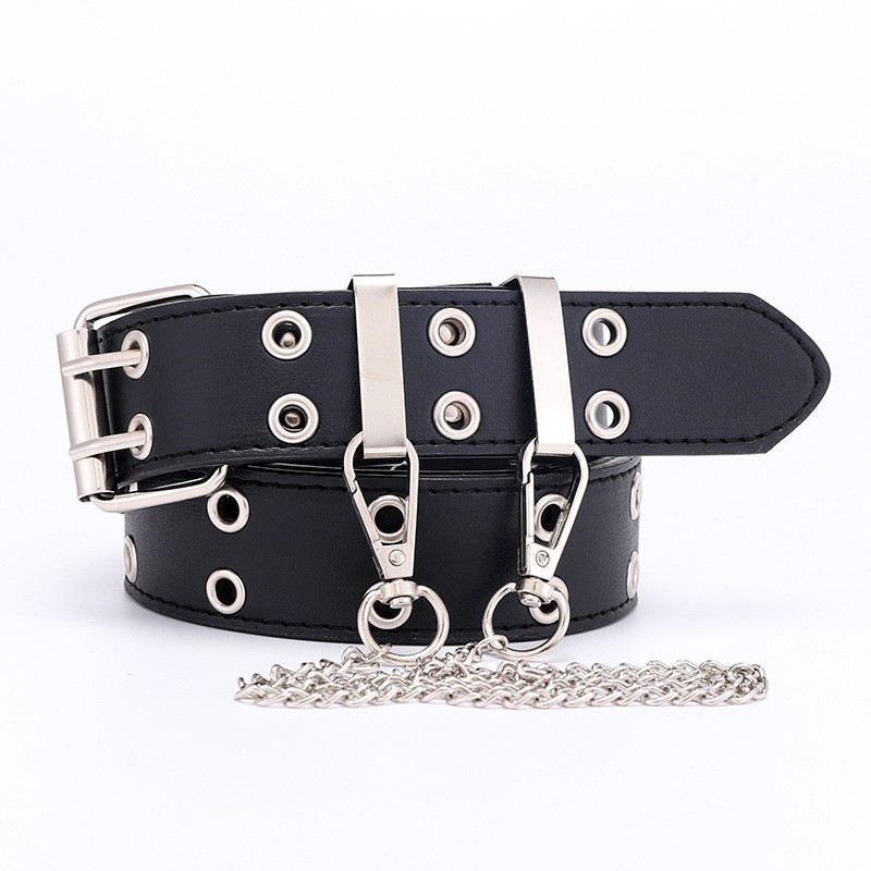 Ikat Pinggang Lubang Punk Tali Rantai Gaya Korea Fashion Kulit PU Wanita Womens Belt Double CC GG