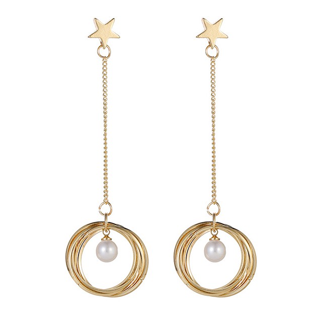 LRC Anting Tusuk Fashion Long Round Pentagram Round Pearl Alloy Earrings K34443