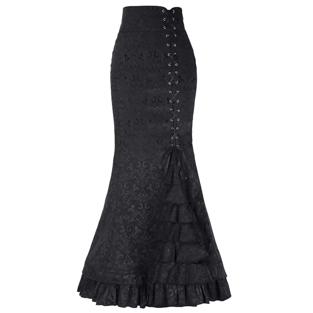 New Women Sexy Gothic Vintage Long Mermaid Skirt Floral Print Ruffe Lace Up Maxi Skirt