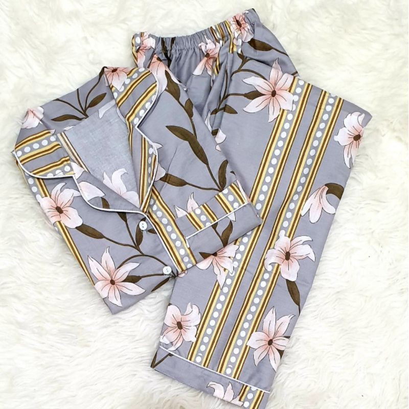 Baju tidur wanita piyama CP bahan soft katun premium adem lembut all size-Bunga salur