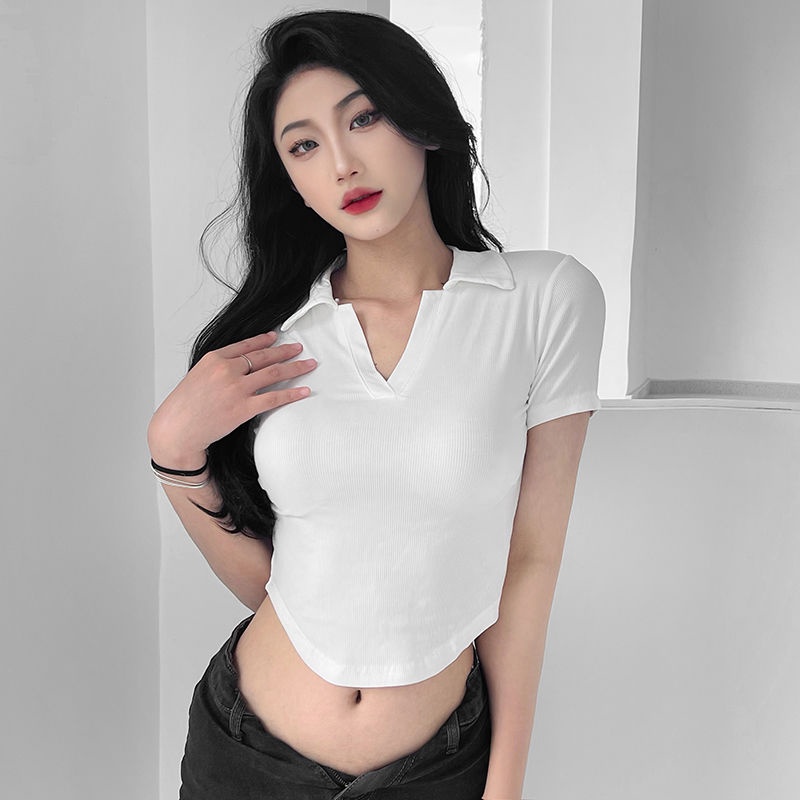 Buktikan kekinian atasan crop top Eropa dan Amerika pure lust hot girl slim V-neck T-shirt women show the figure navel all-match casual short top baju import kaos wanita korean style