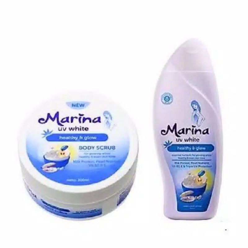 PAKET MARINA BODY SCRUB + HAND BODY UV WHITE HEALTY GLOW (BIRU)