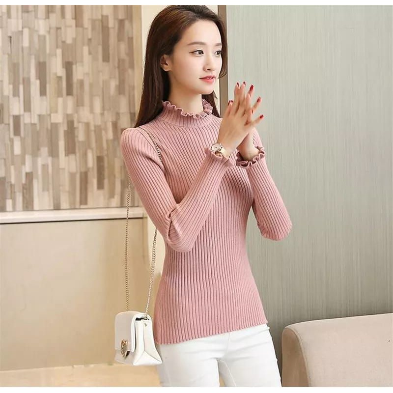 GS057 Sweater turtleneck kerah tinggi kriwil
