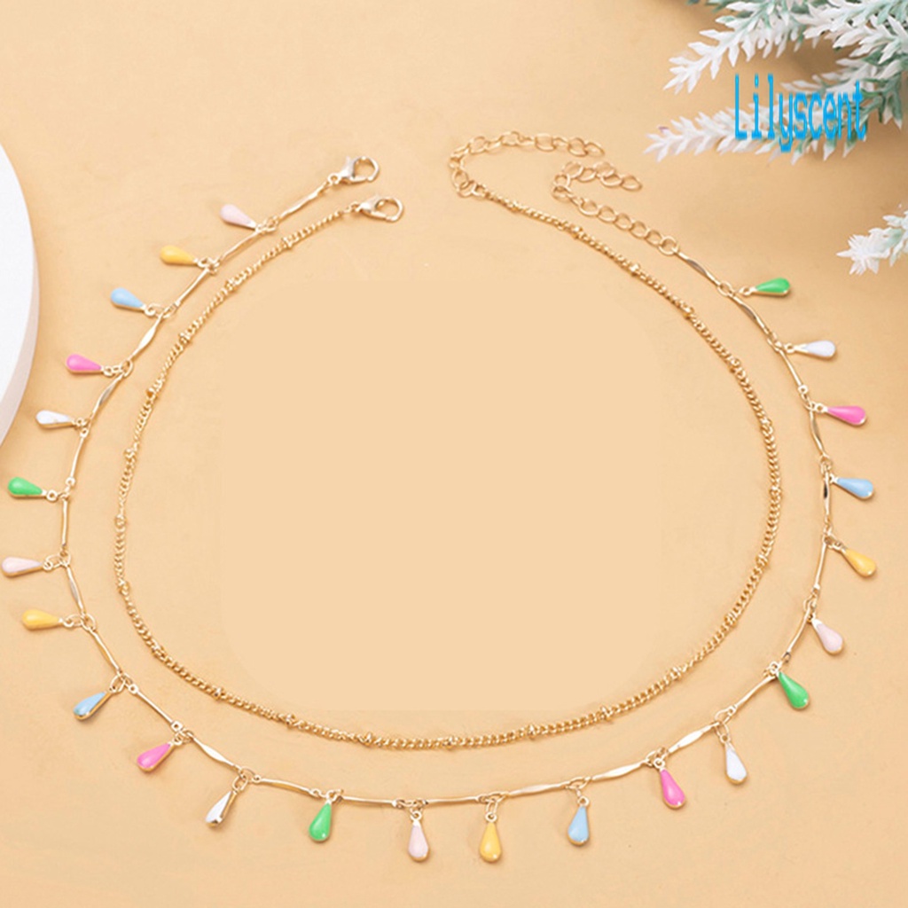 2pcs / Set Kalung Rantai Dengan Liontin Bentuk Tetesan Air Hollow Out Warna-Warni Untuk Wanita