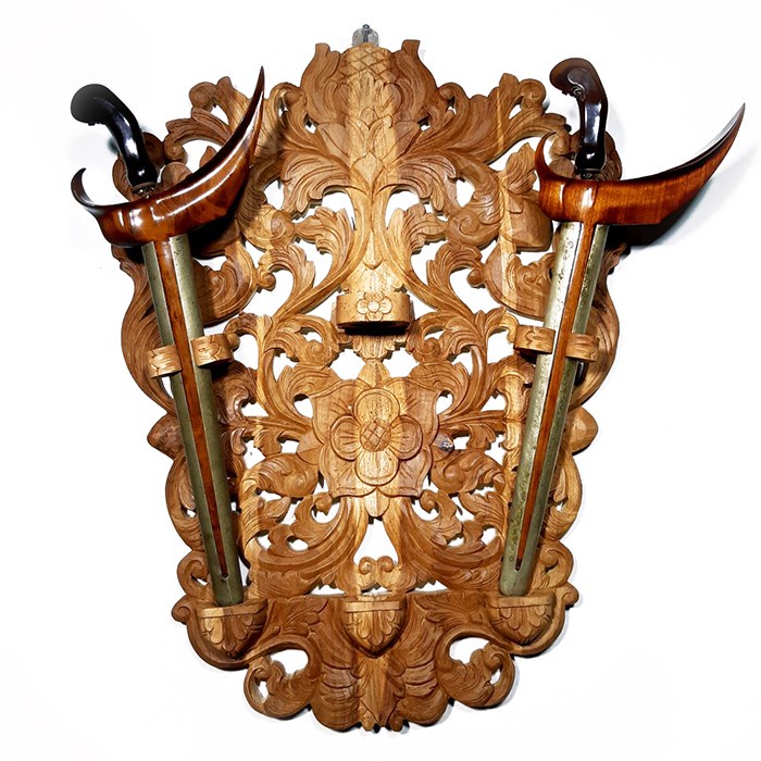 [SG-Hiasan] Blawong Tempat Keris Tempel Dinding Isi 3 Kayu Jati Ukir