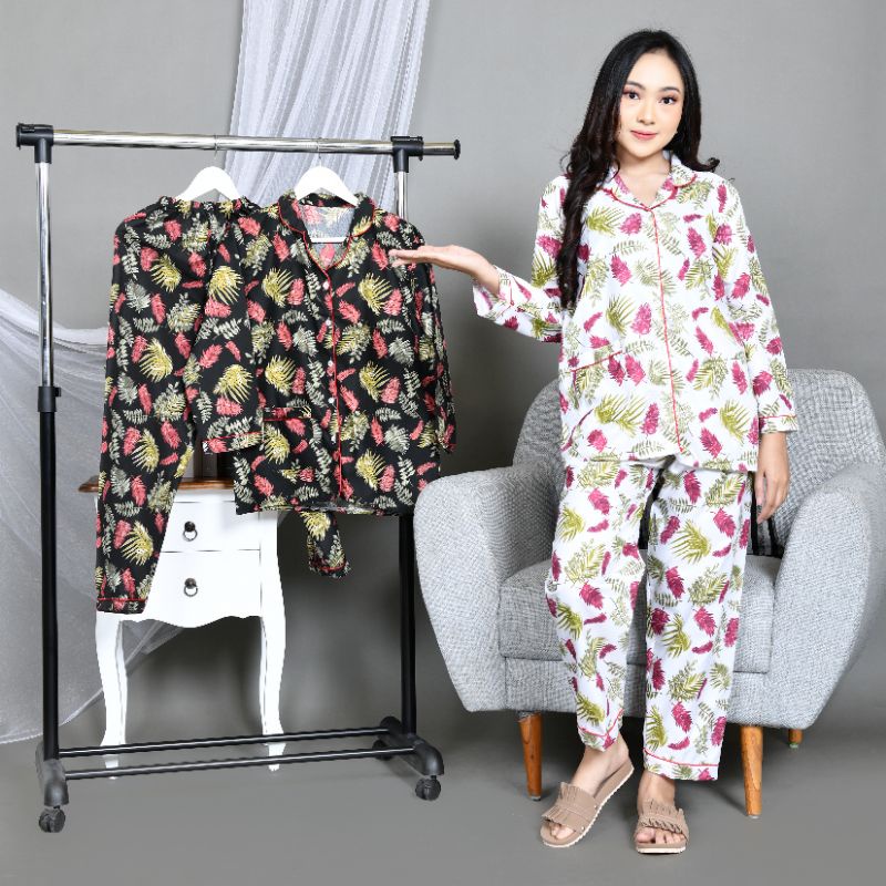 Baju Tidur Piyama Wanita/Cewek Pajamas Dewasa Katun Motif Daun Luina PP Lengan Panjang Kekinian