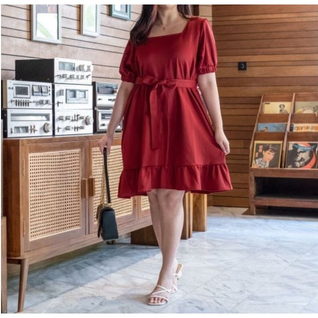 Baju Sabrina Wanita Dress Sabrina Lengan pendek Midi dress Korean Style Dres Sabrina Lengan Pendek R