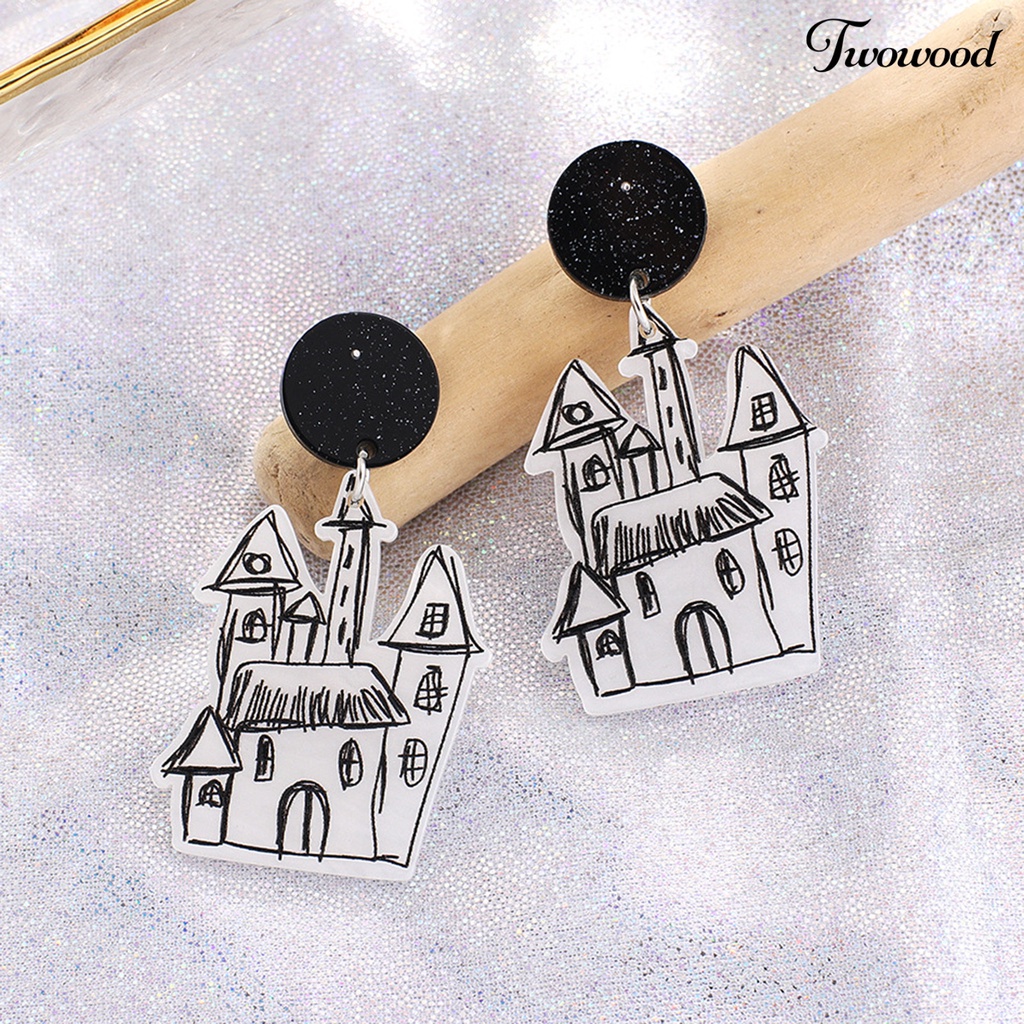 Twowood 1 Pair Halloween Earrings Ghost Delicate Acrylic Graffiti House Pendant Stud Earrings for Halloween