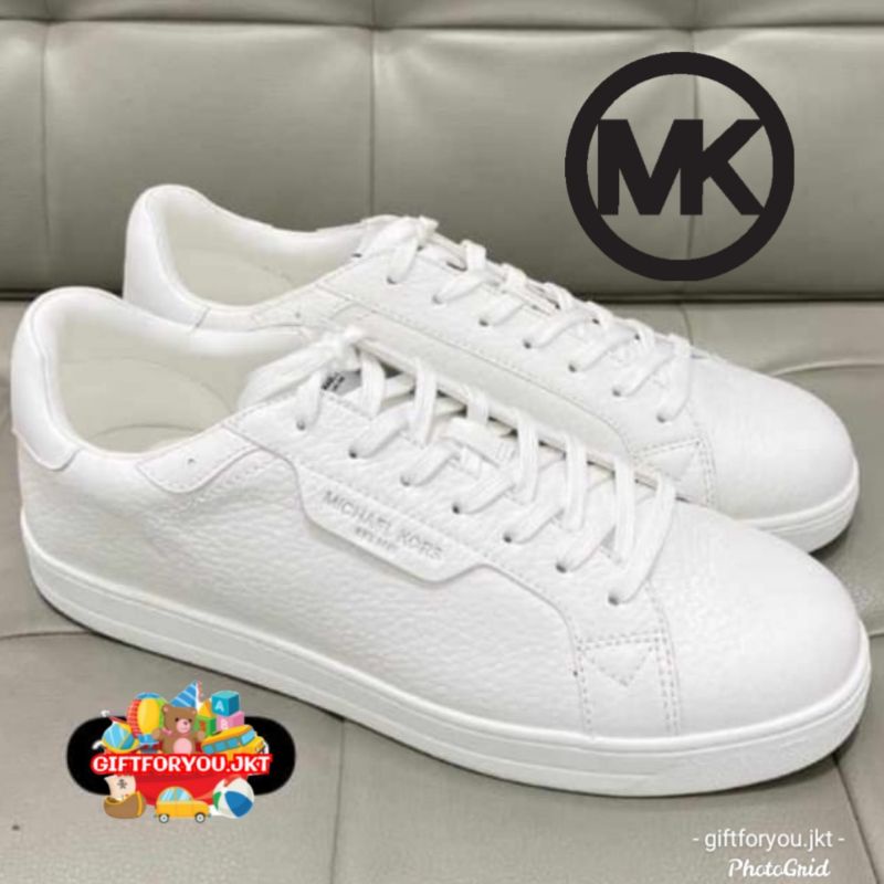 Sepatu Pria Michael Kors Man Keating Pebbled Leather Sneaker Putih MK Men Cowok White Branded Premiu