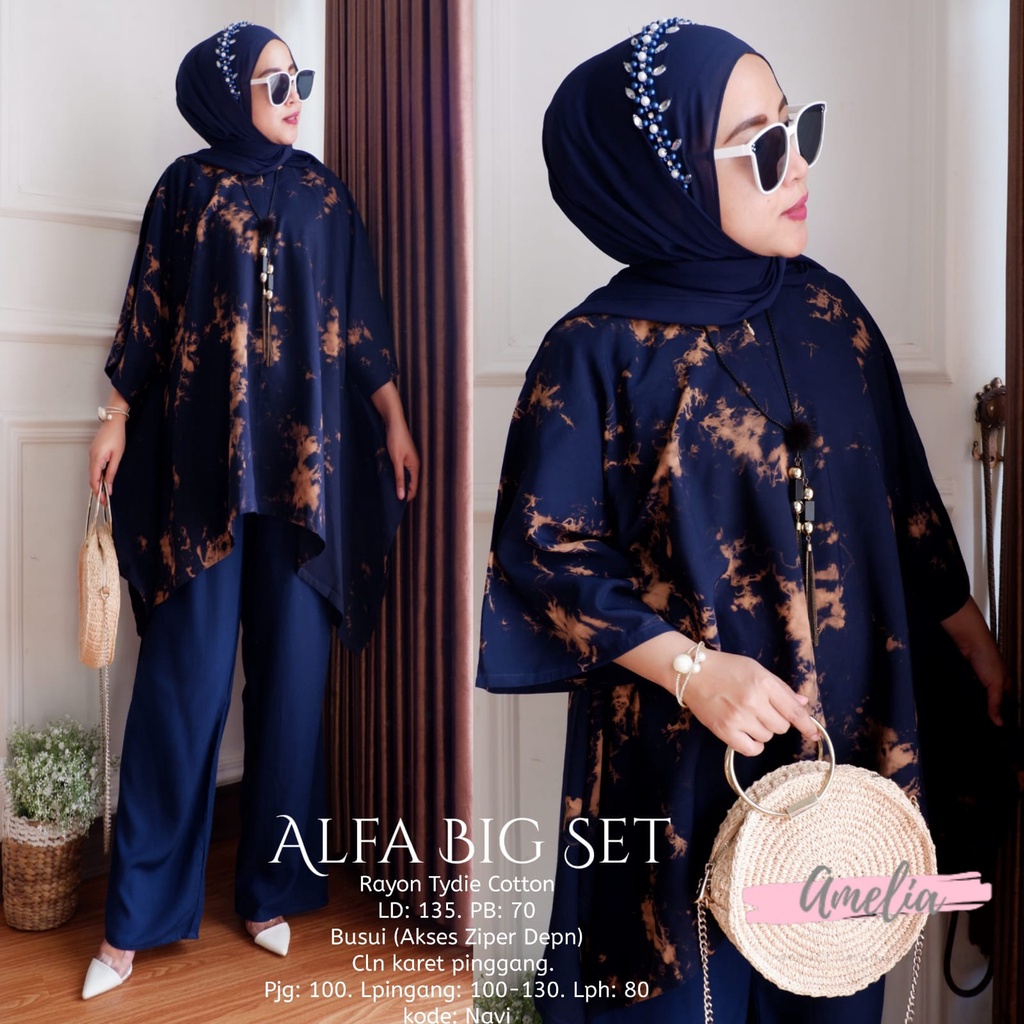 Alfa Big Set - One Set Jumbo Rayon Tie Dye Premium Waka Waka Setelan Wanita Celana Panjang Set Bigsize LD 135 cm