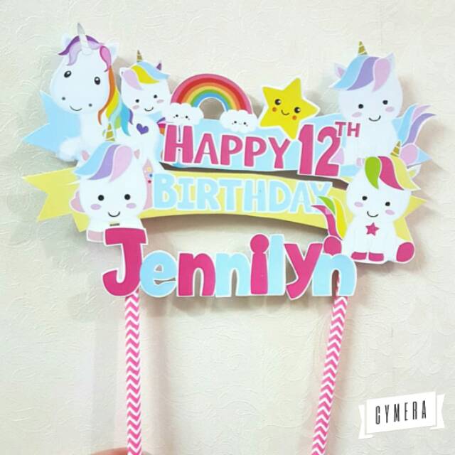 Unicorn Cake Topper Ulang Tahun Custom Nama Anak