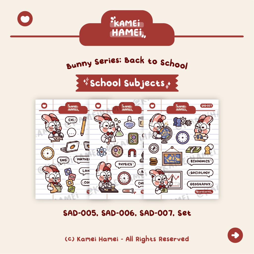 

Back to School: School Subjects Sticker | Kamei Hamei Bunny Series