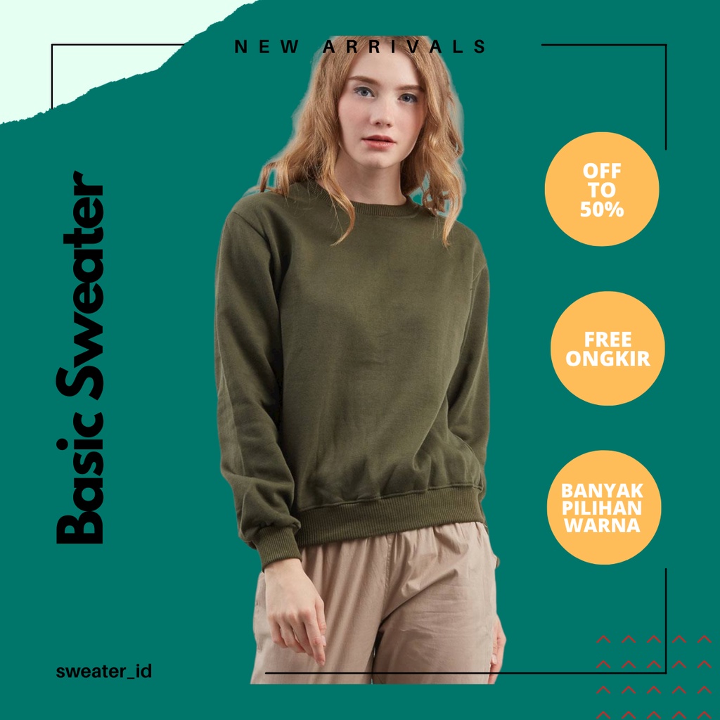 SWEATER_ID Basic Sweater Crewneck Polos Hijau Army Pria dan Wanita Fleece Tebal Best Quality