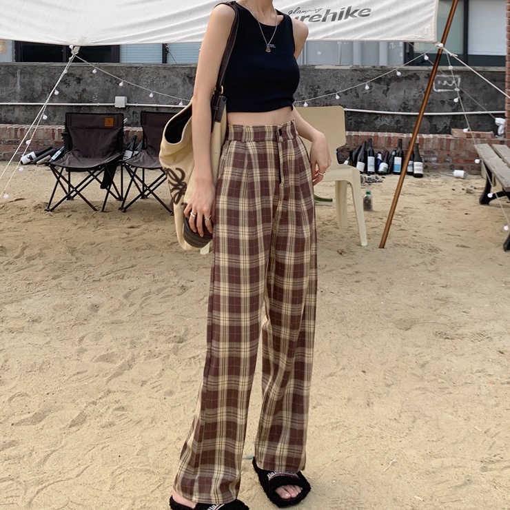 yikoo-Korea celana panjang kotak-kotak casual celana lebar kaki lurus wanita
